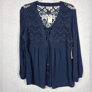 Tanzara NWT Size XL Navy Blue Crochet Yoke Peasant Blouse Loose Flowing